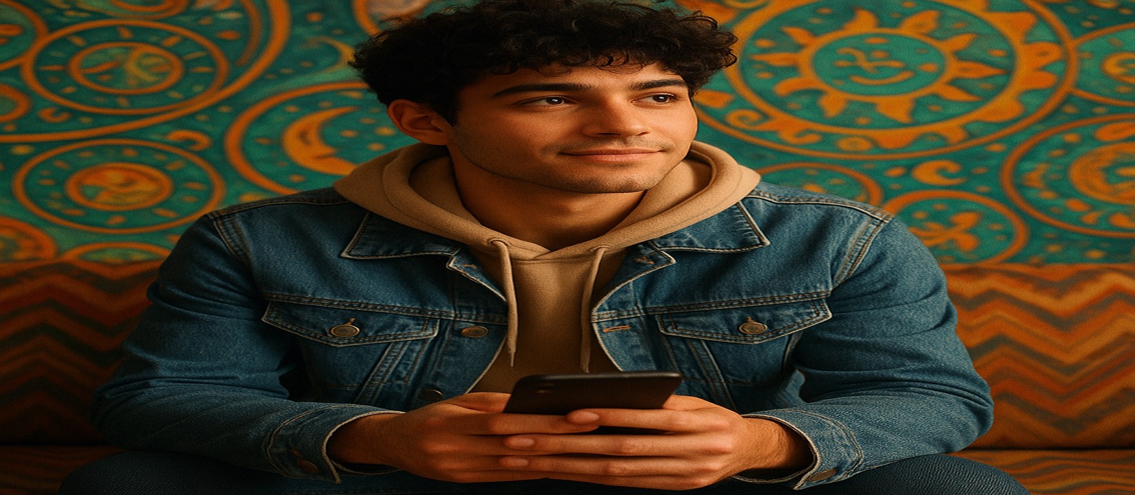 ডেনিম জ্যাকেট পরা একজন ব্যক্তি সোফায় বসে হাতে একটি ফোন নিয়ে cx login অ্যাপে গেম খেলছেন