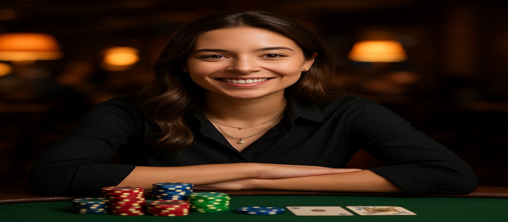 একটি হাসিখুশি নারী ডিলার কার্ড টেবিলে সামনে থাকা চিপ ও কার্ডসমূহসহ বিস্তৃত গেমের নির্বাচন প্রস্তাব করেন — cx login প্ল্যাটফর্মে উপলব্ধ।