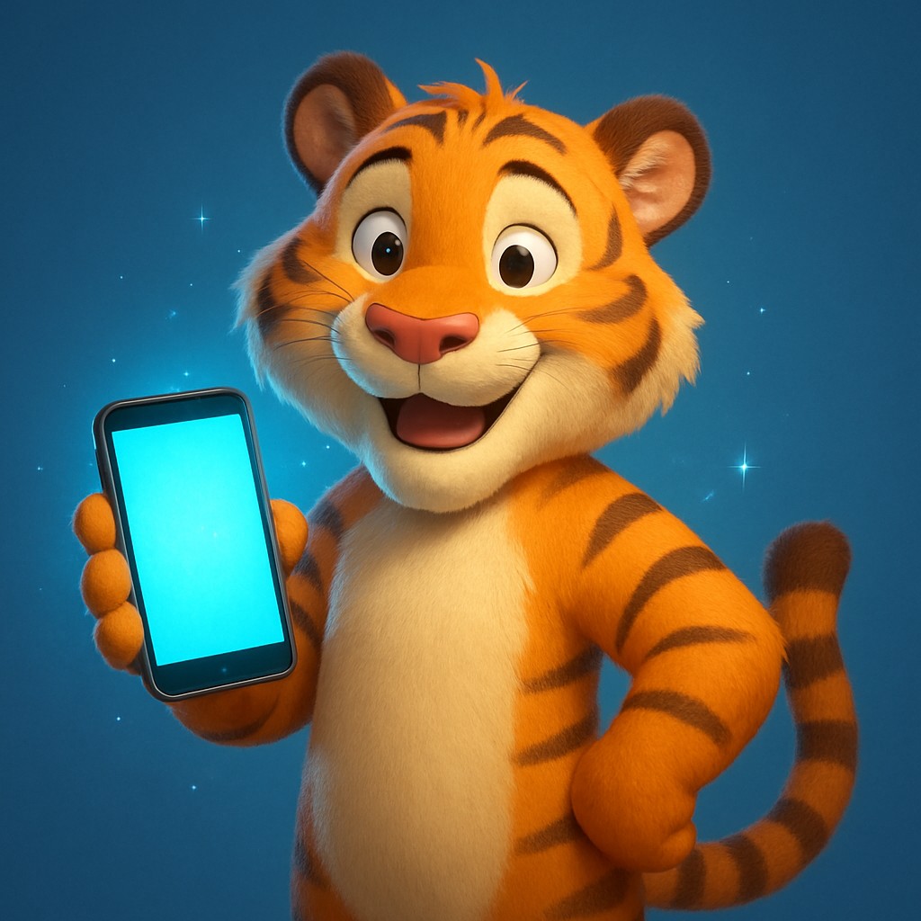 একটি কার্টুন বাঘশাবক তার পায়ে একটি স্মার্টফোন ধরেছে, সঙ্গে cx login অ্যাপটি দ্রুত ও নির্ভরযোগ্যভাবে কাজ করছে