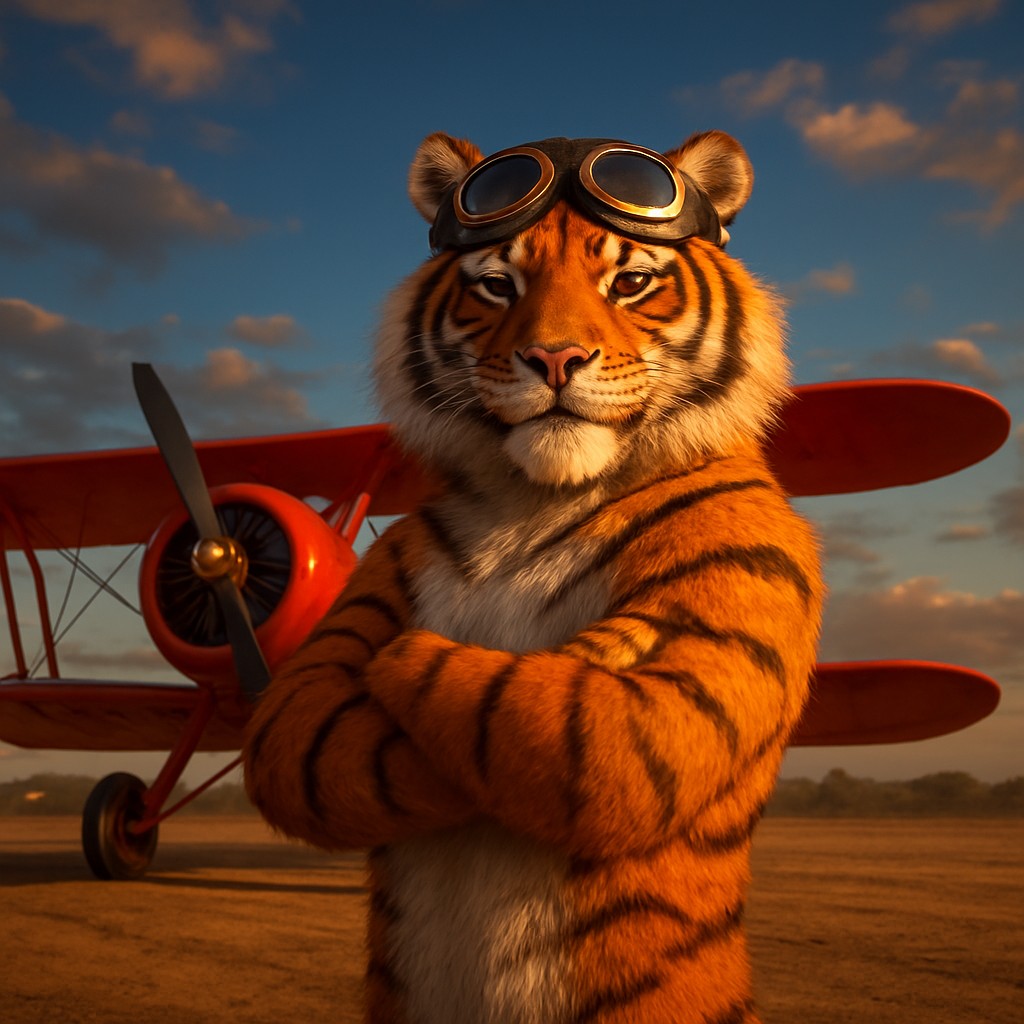একটি বাঘ-চালক লাল বর্ণের পুরোনো বিমানের পাশে দাঁড়িয়ে আছেন, যা Aviator গেমকে প্রতিনিধিত্ব করছে; cx login এর মাধ্যমে এই গেম সম্পর্কে আরও জানতে পারবেন