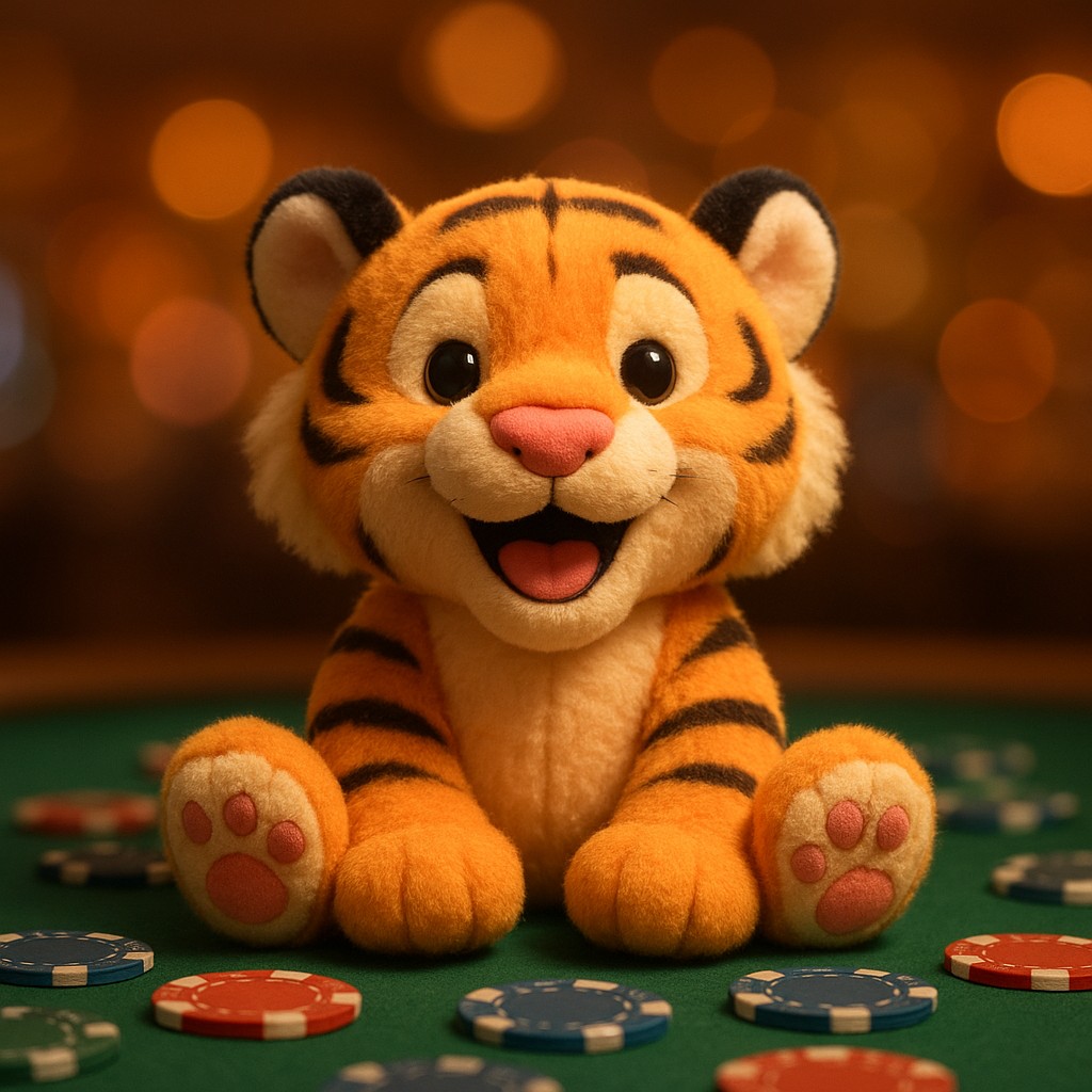 একটি ছোট বাঘের বাচ্চা টেবলের ওপর গেম চিপসসহ বসে আছে।