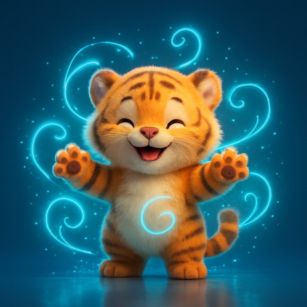 cx login এ লগইন করার পর একটি মিষ্টি কার্টুন বাঘের শাবক একটি জাদুকরী আলো ছড়ায়