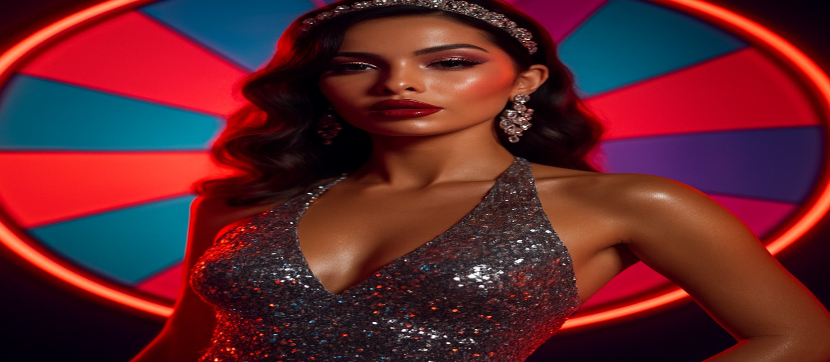 একজন নারী সিকুইন-সজ্জিত পোশাকে উজ্জ্বল রঙের cx login গেমিং প্ল্যাটফর্ম চাকার সামনে ভঙ্গিমা দেন