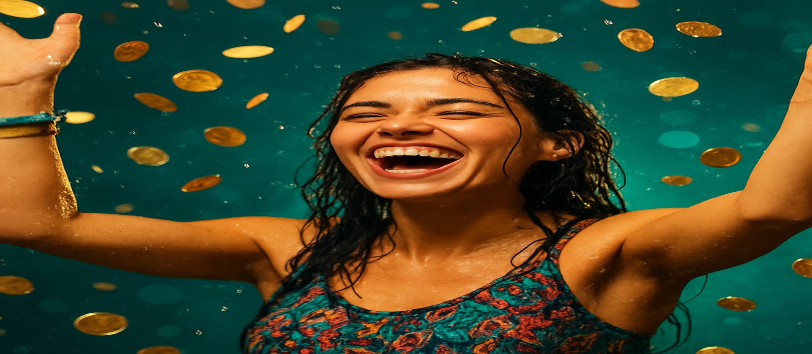 cx login গেমিং প্ল্যাটফর্মে একটি রঙিন টপ পরা নারী কয়েনগুলোর বর্ষণের মাঝে দাঁড়িয়ে আছেন